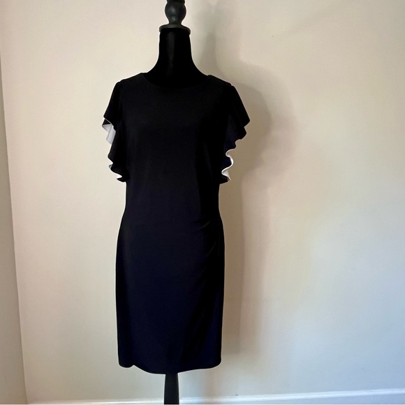 Ralph Lauren Black Sheath Dress with White Flutter Sleeves. Size 12 - Picture 1 of 8